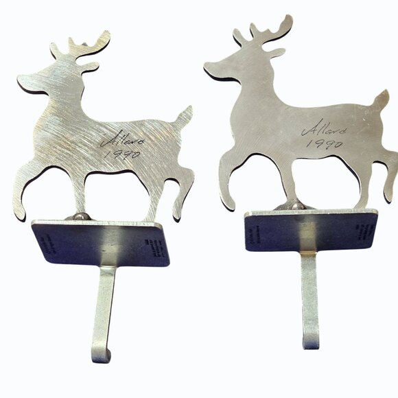 Pair Of Vintage 1984 Ed & Kathy Allard Reindeer Stocking Holders Cast Metal Silv - Picture 6 of 8